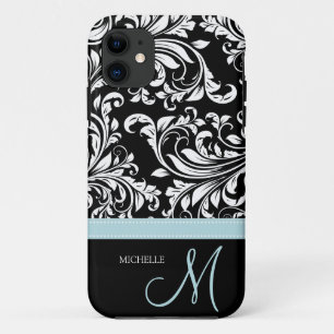 Elegant Black & White Damask Pattern with Monogram iPhone 11 Case