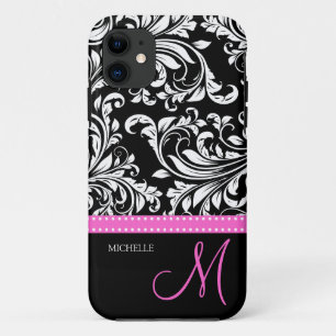 Elegant Black & White Damask Pattern with Monogram iPhone 11 Case