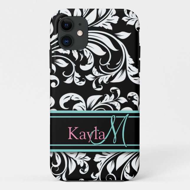 Elegant Black & White Damask Pattern with Monogram Case-Mate iPhone Case (Back)