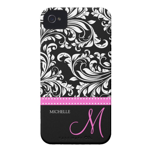 Elegant Black & White Damask Pattern with Monogram Case-Mate iPhone Case (Back)