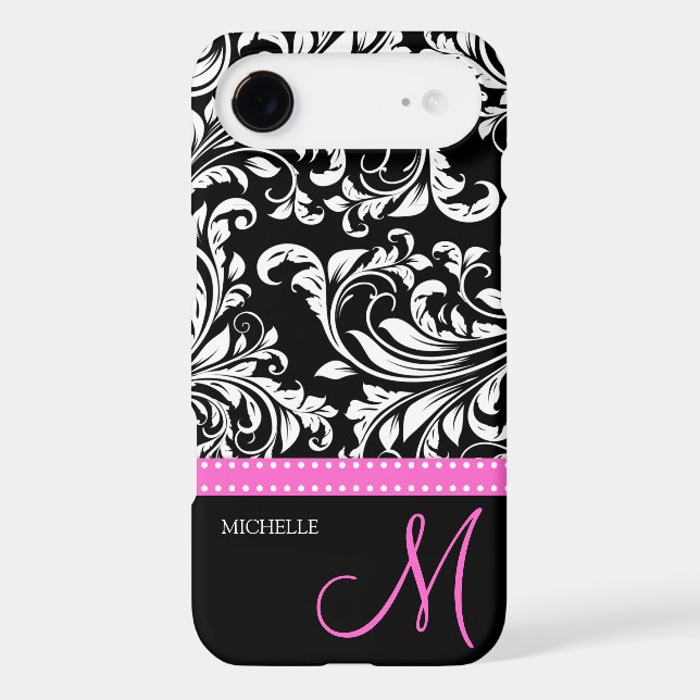 Elegant Black & White Damask Pattern with Monogram Case-Mate iPhone Case (Back)