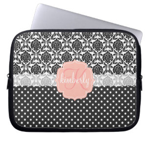 Elegant Black & White Damask Pink Girly Monogram Laptop Sleeve