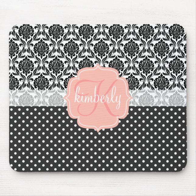 Elegant Black & White Damask Pink Girly Monogram Mouse Pad (Front)