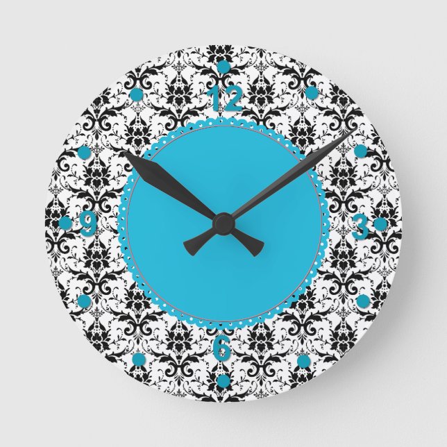 Elegant Black & White Damask Wall Clock (Front)