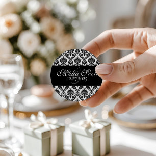 Elegant Black White Damask Wedding Favor Classic Round Sticker