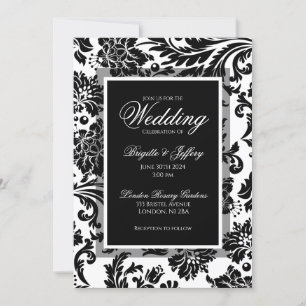 Elegant black & white damask wedding invitation