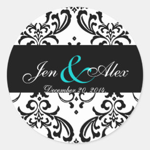 Elegant Black White Damask Wedding Sticker Aqua