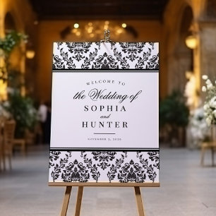 Elegant Black White Damask Wedding Welcome Sign