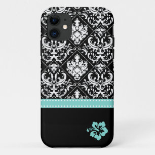 Elegant Black & White Damask with Hibiscus iPhone 11 Case