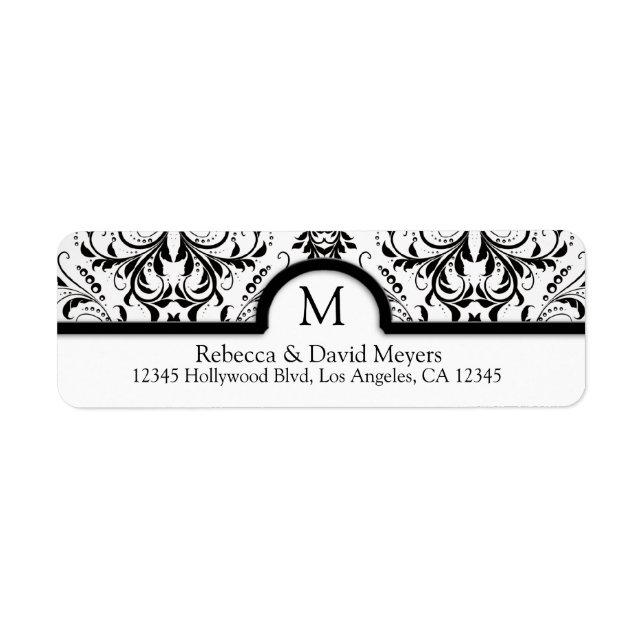 Elegant Black & White Damask with Monogram Return Address Label (Front)