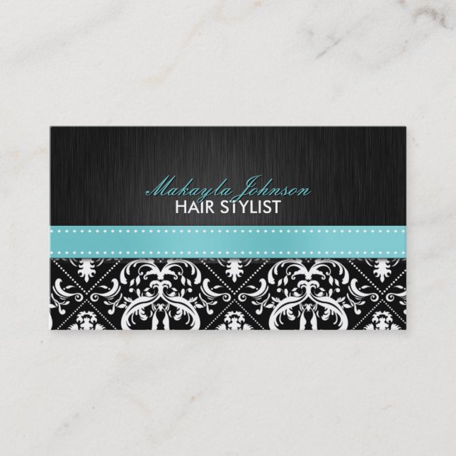 Elegant Black & White Damask with Teal Blue Ribbon Appointment Card (Front)