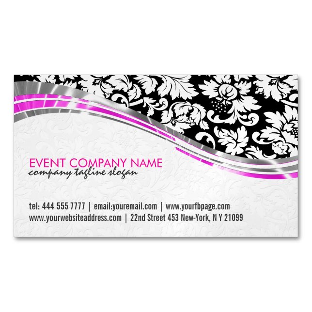 Elegant Black & White Damasks With Pink Accents Magnetic Business Card (Front)