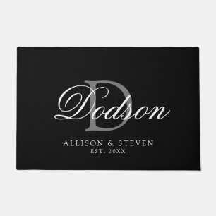 Elegant Black White Date Established Monogram Name Doormat