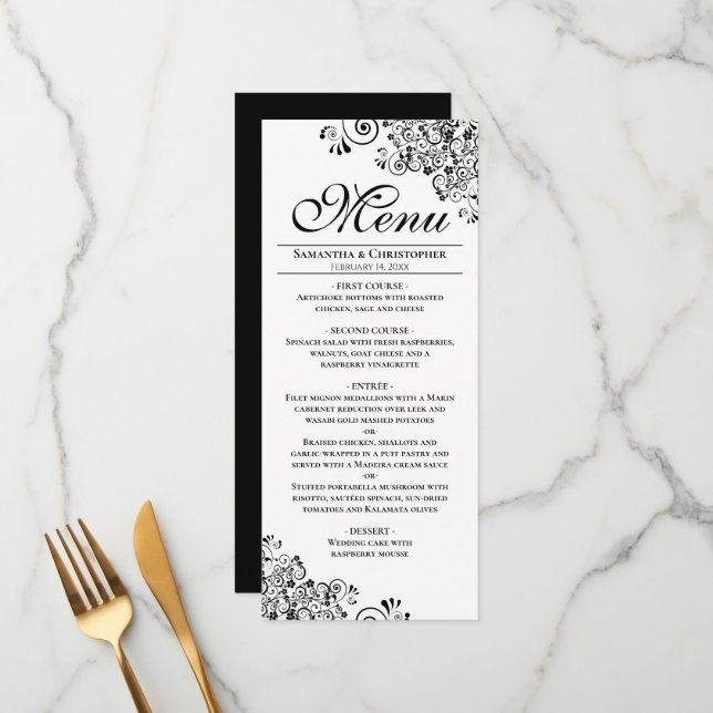 Elegant Black & White Decorative Corners Wedding Menu (Front/Back In Situ)