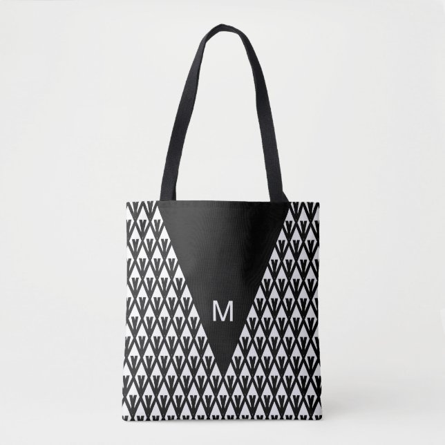 Elegant Black White Diamond Pattern & Monogram Tote Bag (Front)