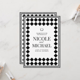 Elegant Black &White Diamond Pattern Wedding Invitation