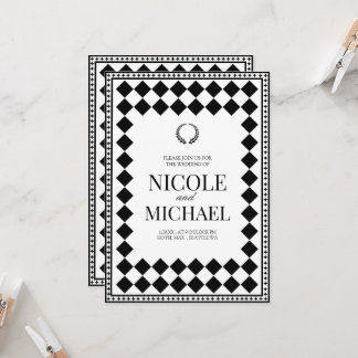 Elegant Black &White Diamond Pattern Wedding Invitation