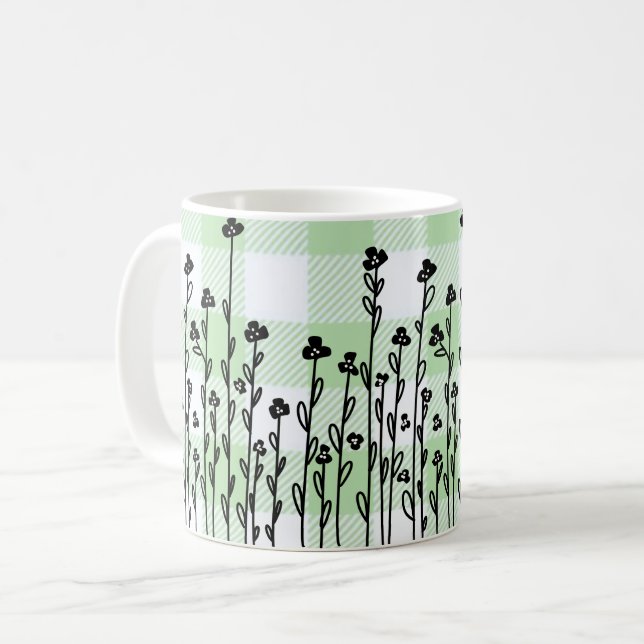Elegant black white doodle floral green gingham coffee mug (Front Left)