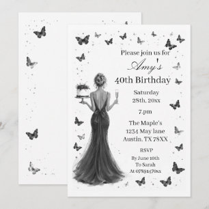 Elegant black & white dress butterflies 40th Invitation