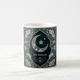 Elegant Black & White Eid Mubarak Floral Crescent  Coffee Mug