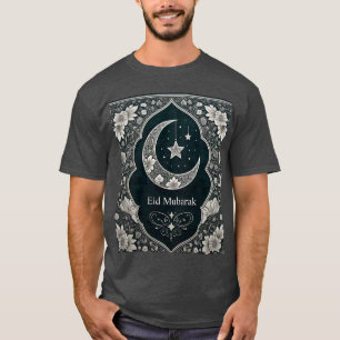 Elegant Black & White Eid Mubarak Floral Crescent  T-Shirt