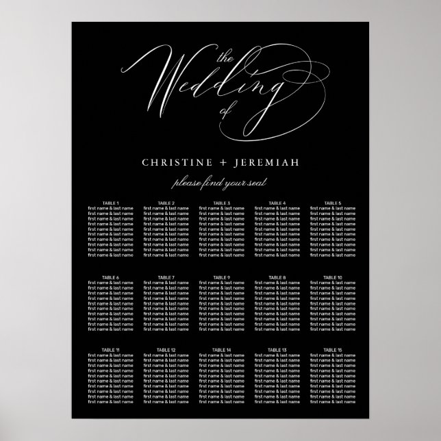 Elegant Black White Elegant Script Wedding Seating Poster (Front)