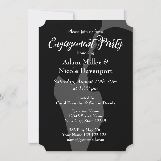 Elegant black & white engagement party invitations (Front)