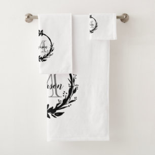 Elegant Black & White Family Botanical Monogram Bath Towel Set