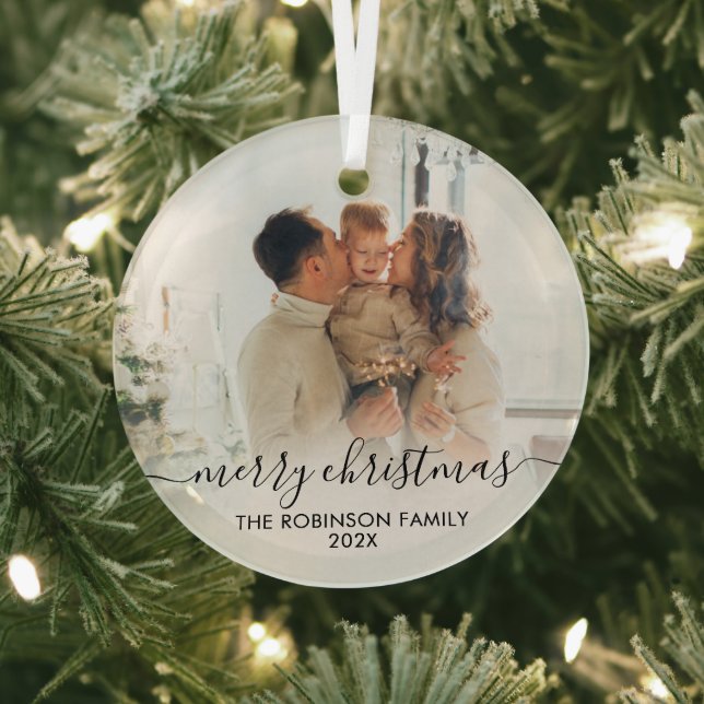 Elegant Black White Family Photo Merry Christmas   Glass Tree Decoration (Insitu)