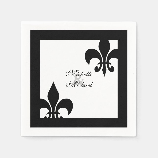 Elegant Black White Fleur de Lis Wedding Napkin (Front)