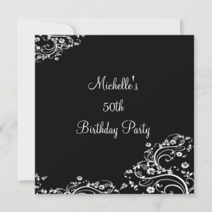 Elegant Black & White Floral 50th Birthday Party Invitation