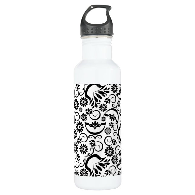 Elegant black white floral 710 ml water bottle (Front)