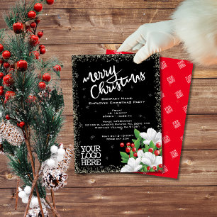 Elegant Black  White Floral Berries Snow Christmas Invitation