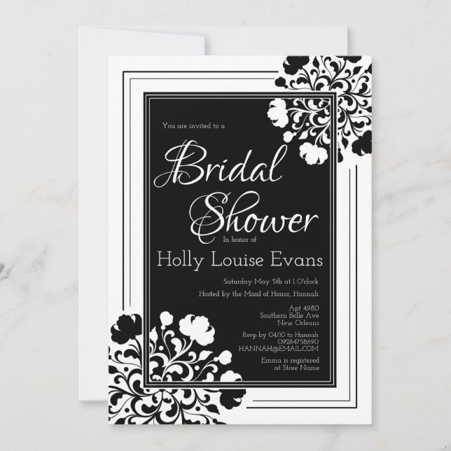 Elegant Black & White Floral Bridal Shower Invitation (Front)
