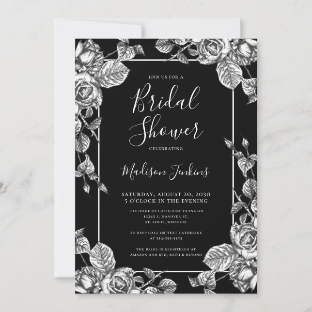 Elegant Black White Floral Bridal Shower Invitation (Front)