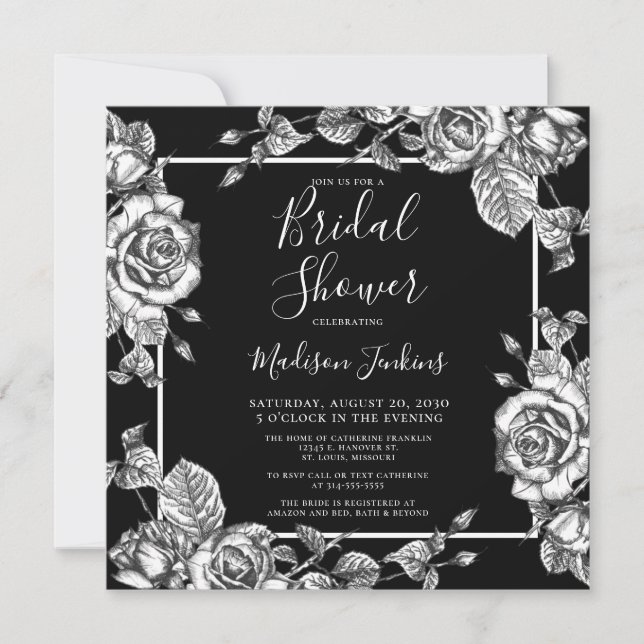 Elegant Black White Floral Bridal Shower Invitation (Front)