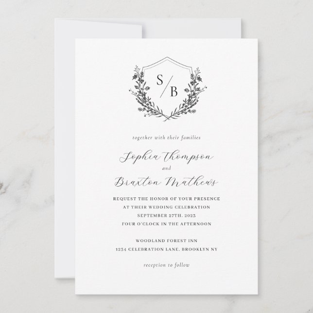 Elegant Black White Floral Crest Monogram Wedding Invitation (Front)