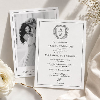 Elegant Black & White Floral Crest Photo Wedding Invitation