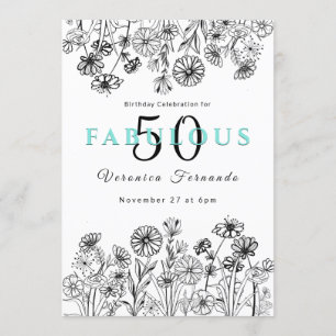 Elegant black white floral fiftieth birthday invitation