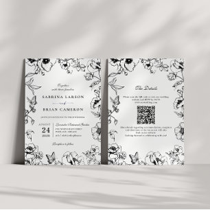 Elegant Black White Floral Garden QR Code Wedding Invitation