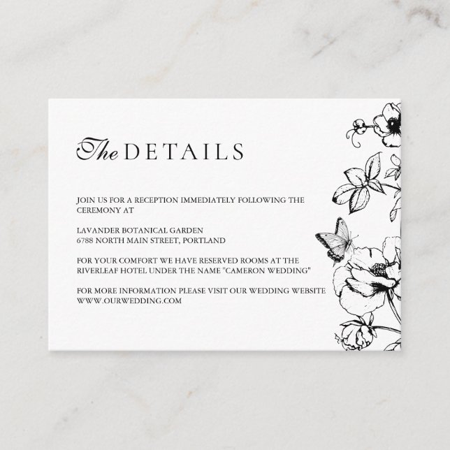 Elegant Black White Floral Garden Wedding Details Enclosure Card (Front)