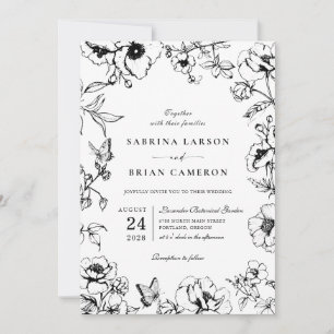 Elegant Black   White Floral Garden Wedding Photo Invitation