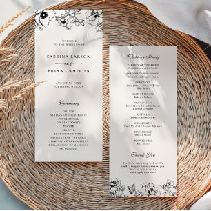 Elegant Black White Floral Garden Wedding Program