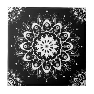 Elegant Black White Floral Geometric Mandala Ceramic Tile