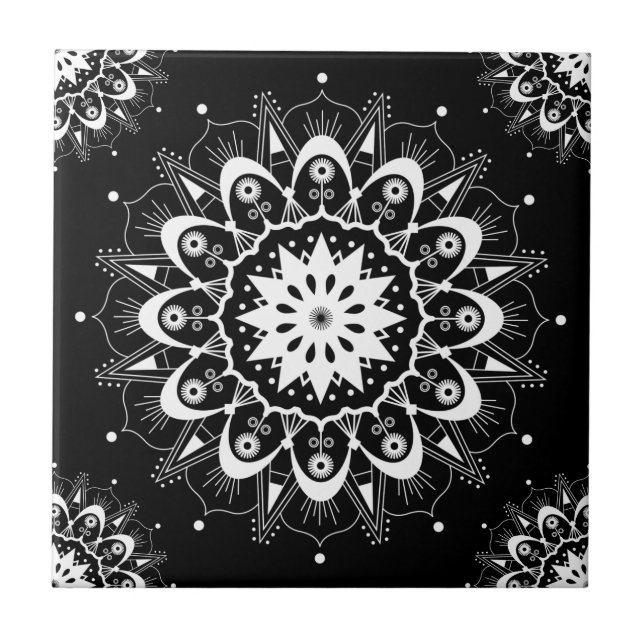 Elegant Black White Floral Geometric Mandala Ceramic Tile (Front)