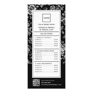 Elegant Black & White Floral Hair Salon Rack Card