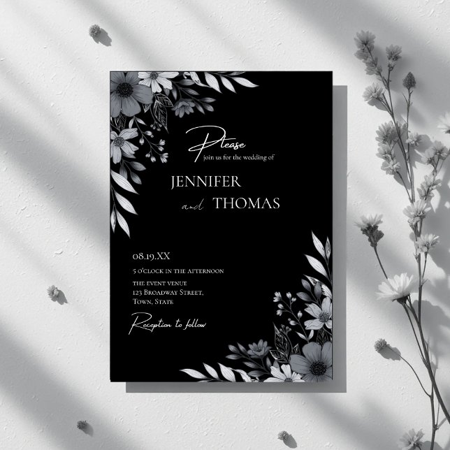 Elegant Black & White Floral Hand-Drawn Wedding Invitation (Creator Uploaded)