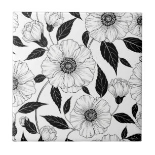 Elegant Black White Floral Line Art Pattern (1) Ceramic Tile