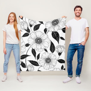 Elegant Black White Floral Line Art Pattern (1) Fleece Blanket