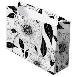 Elegant Black White Floral Line Art Pattern (1) Large Gift Bag